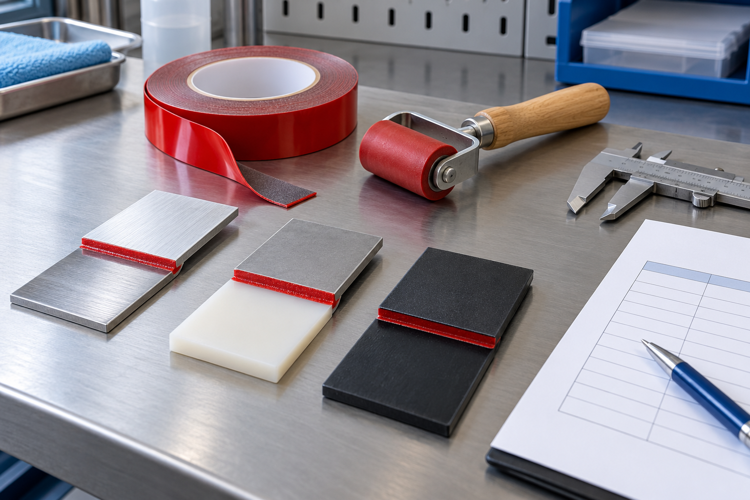 Adhesive tape sample coupons, hand roller and caliper on an evaluation workbench